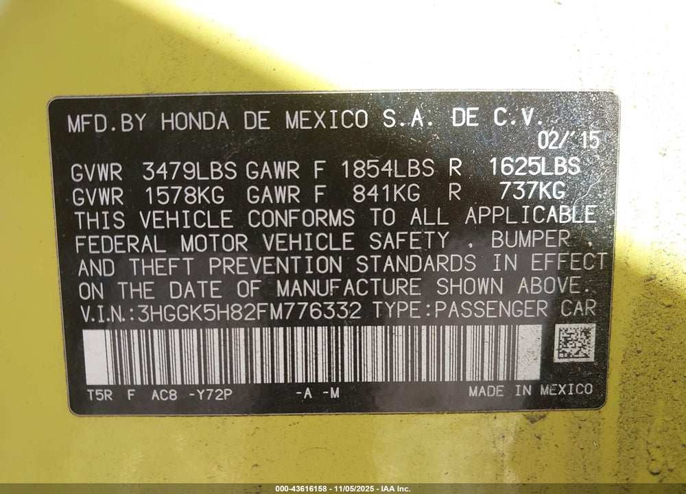 2015 HONDA FIT VIN: 3HGGK5H82FM776332