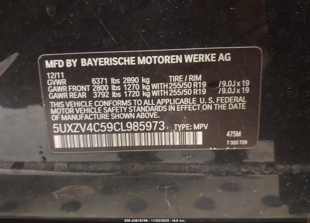 2012 BMW X5 XDRIVE35I/XDRIVE35I PREMIUM/XDRIVE35I SPORT ACTIVITY VIN: 5UXZV4C59CL985973