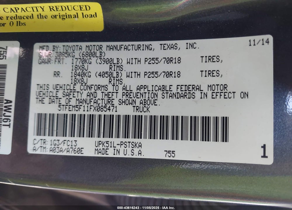 2015 TOYOTA TUNDRA SR5 4.6L V8 VIN: 5TFEM5F11FX085471