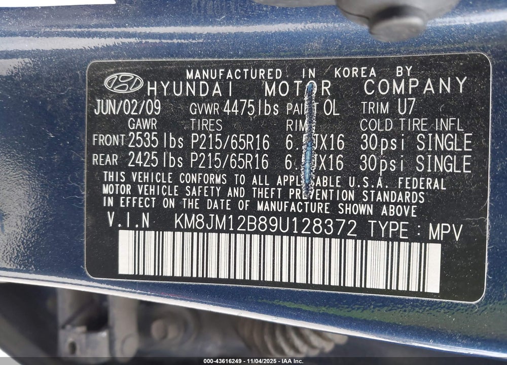 2009 HYUNDAI TUCSON GLS VIN: KM8JM12B89U128372