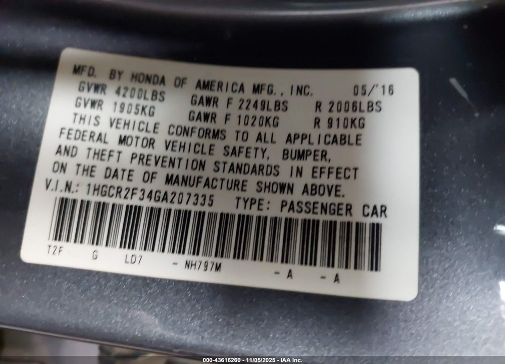 2016 HONDA ACCORD VIN: 1HGCR2F34GA207335