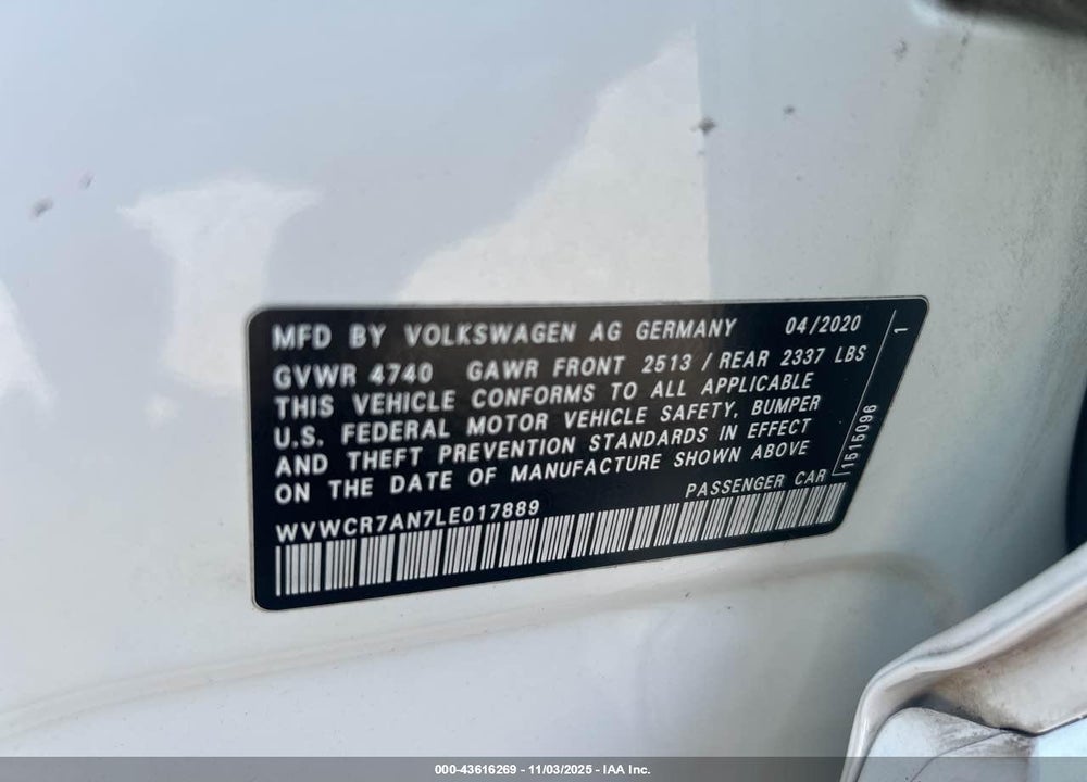 2020 VOLKSWAGEN ARTEON 2.0T SEL VIN: WVWCR7AN7LE017889