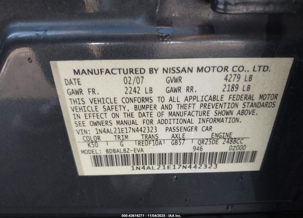 2007 NISSAN ALTIMA VIN: 1N4AL21E17N442323