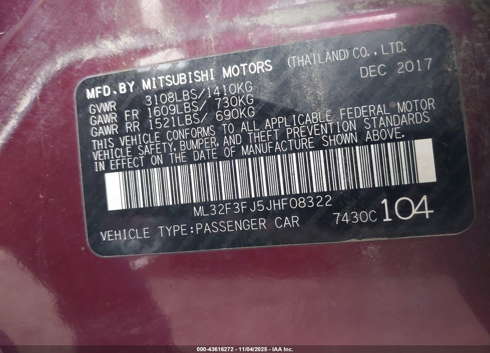 2018 MITSUBISHI MIRAGE G4 ES VIN: ML32F3FJ5JHF08322