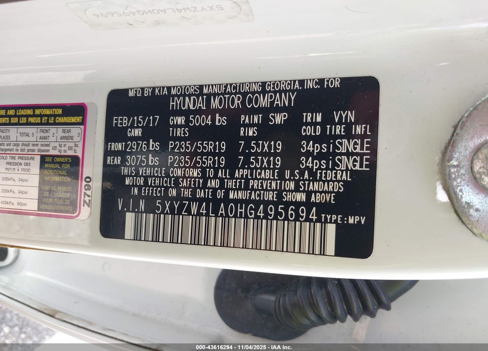 2017 HYUNDAI SANTA FE VIN: 5XYZW4LA0HG495694