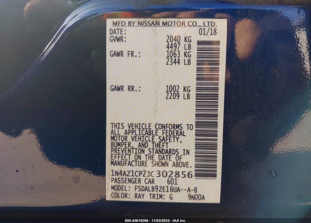 2018 NISSAN LEAF S VIN: 1N4AZ1CP2JC302856