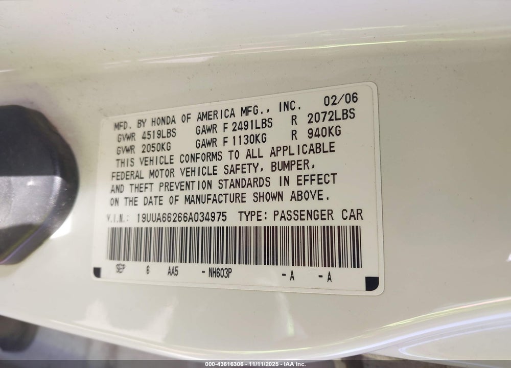 2006 ACURA TL VIN: 19UUA66266A034975