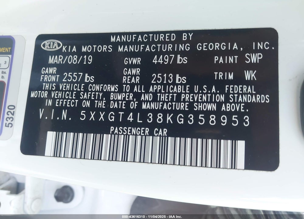 2019 KIA OPTIMA S VIN: 5XXGT4L38KG358953