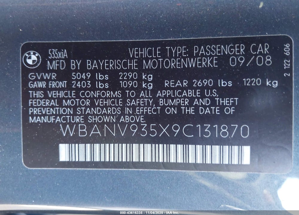 2009 BMW 5 SERIES VIN: WBANV935X9C131870