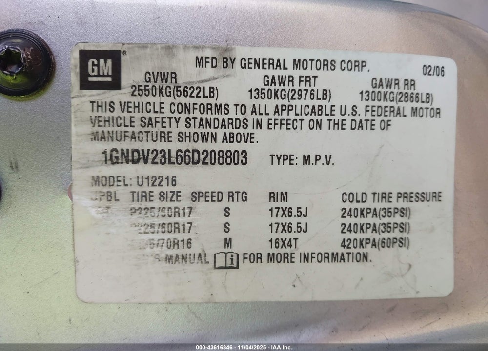 2006 CHEVROLET UPLANDER LS VIN: 1GNDV23L66D208803