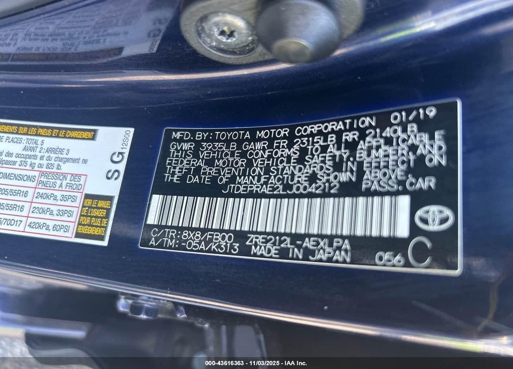 2020 TOYOTA COROLLA LE VIN: JTDEPRAE2LJ004212