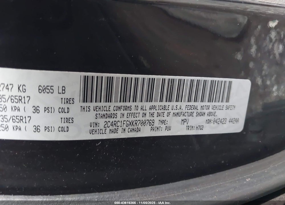 2019 CHRYSLER PACIFICA TOURING PLUS VIN: 2C4RC1FGXKR700769