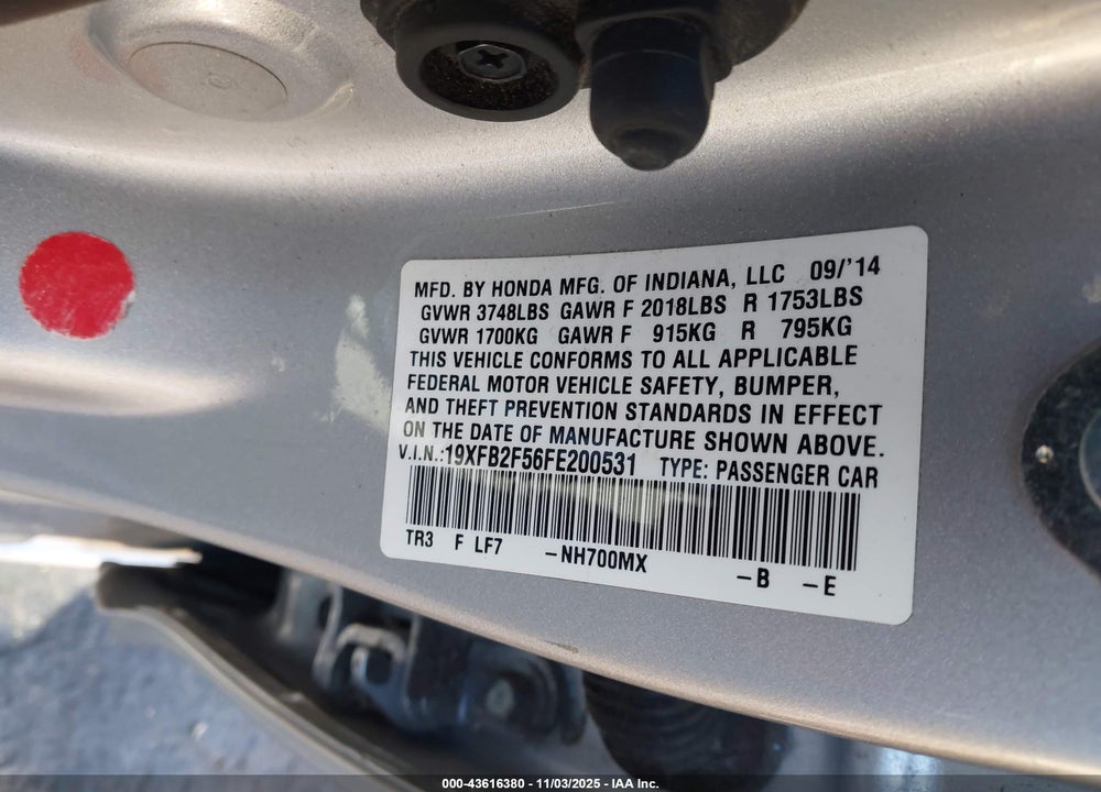 2015 HONDA CIVIC VIN: 19XFB2F56FE200531