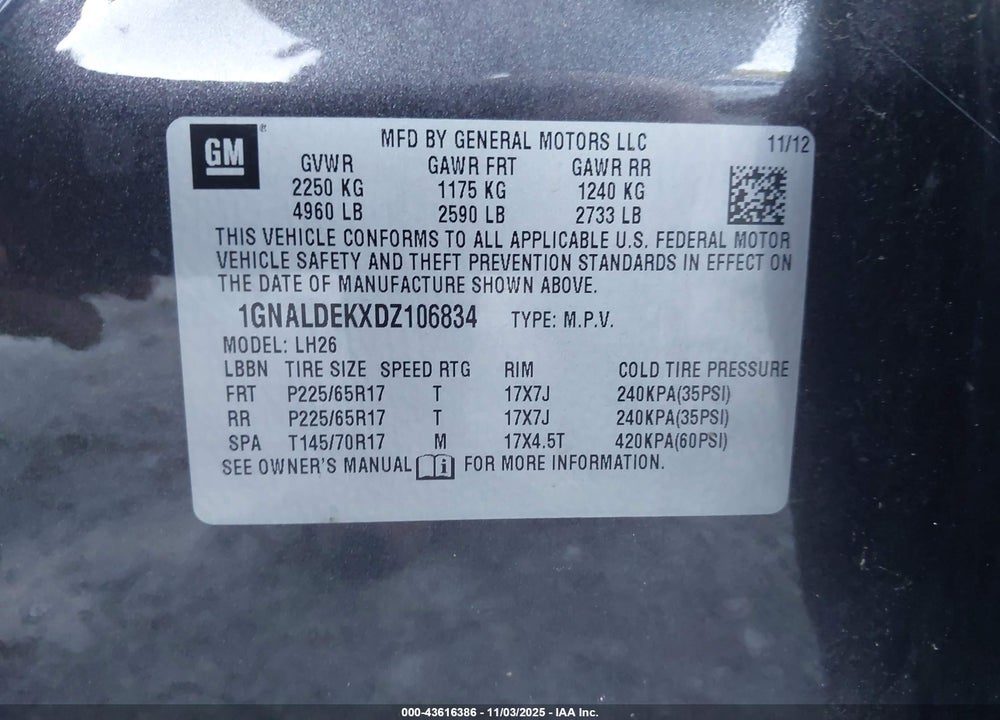 2013 CHEVROLET EQUINOX 1LT VIN: 1GNALDEKXDZ106834