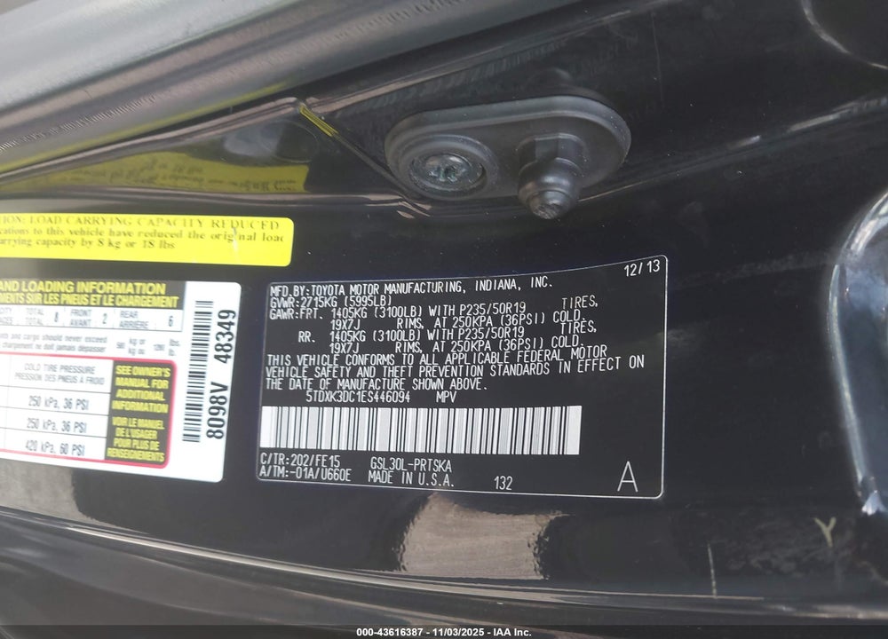 2014 TOYOTA SIENNA SE 8 PASSENGER VIN: 5TDXK3DC1ES446094