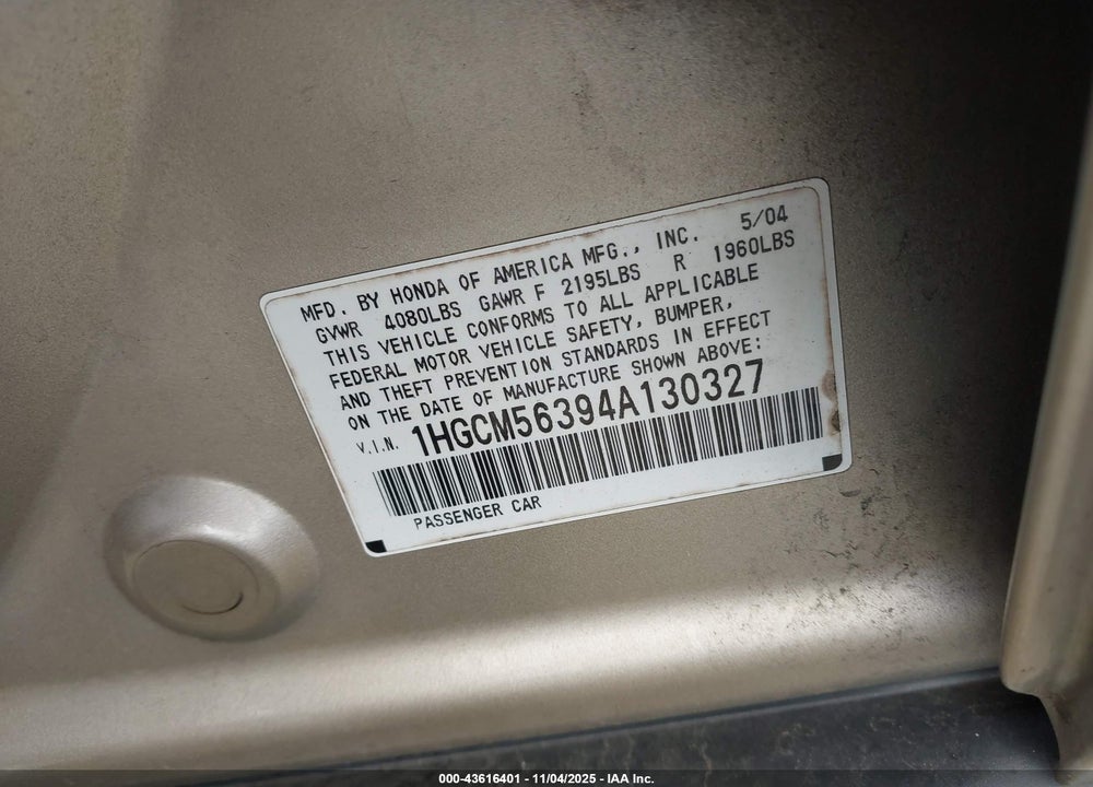 2004 HONDA ACCORD 2.4 LX VIN: 1HGCM56394A130327