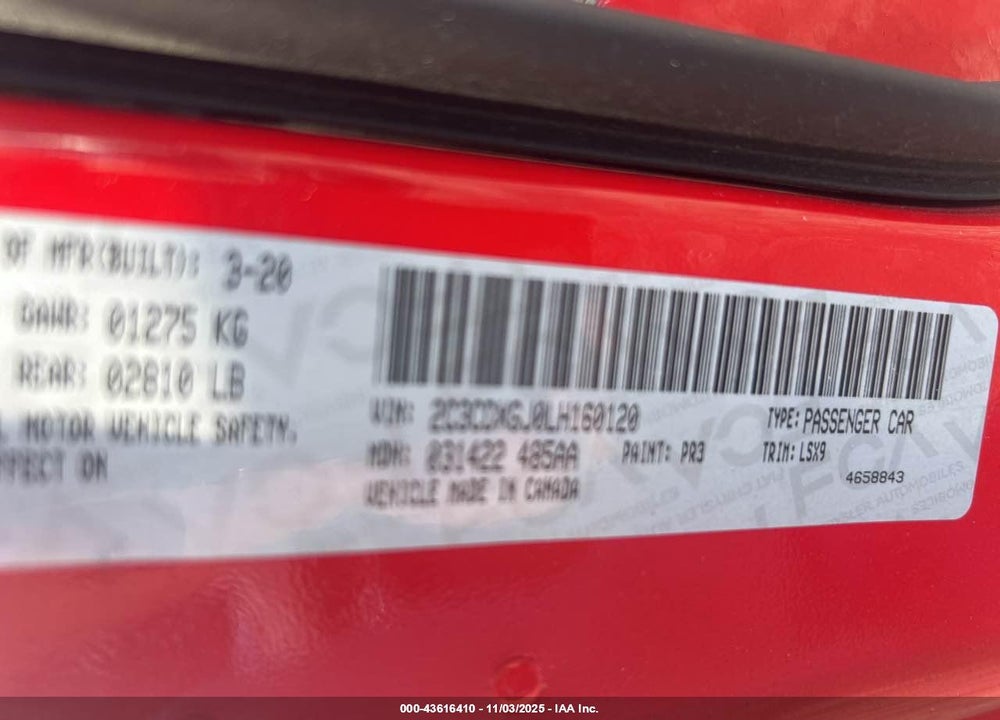 2020 DODGE CHARGER SCAT PACK RWD VIN: 2C3CDXGJ0LH160120