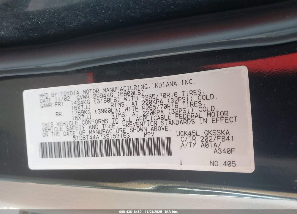 2003 TOYOTA SEQUOIA SR5 V8 VIN: 5TDBT44A73S153163