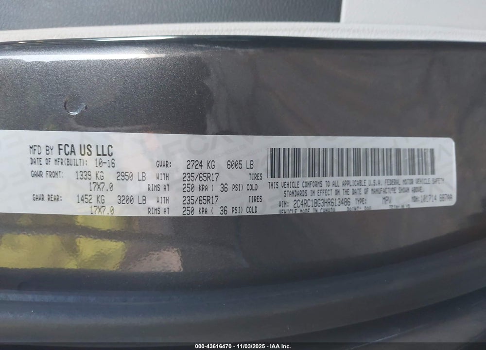 2017 CHRYSLER PACIFICA VIN: 2C4RC1BG3HR613486
