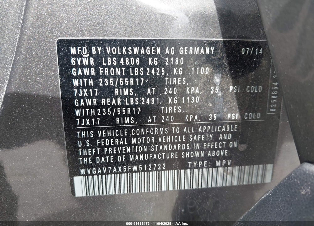 2015 VOLKSWAGEN TIGUAN SE VIN: WVGAV7AX5FW512722