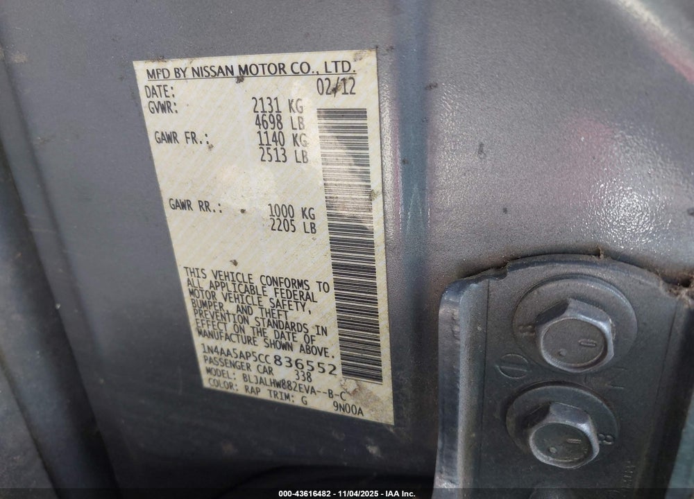 2012 NISSAN MAXIMA 3.5 SV VIN: 1N4AA5AP5CC836552