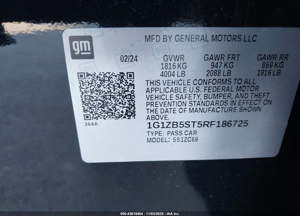 2024 CHEVROLET MALIBU FWD LS VIN: 1G1ZB5ST5RF186725