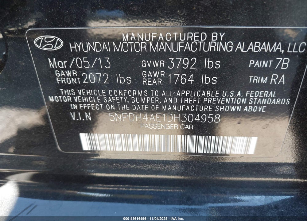 2013 HYUNDAI ELANTRA GLS VIN: 5NPDH4AE1DH304958