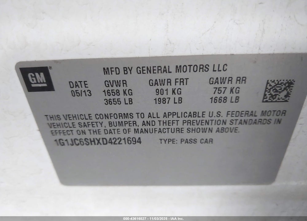 2013 CHEVROLET SONIC LT AUTO VIN: 1G1JC6SHXD4221694
