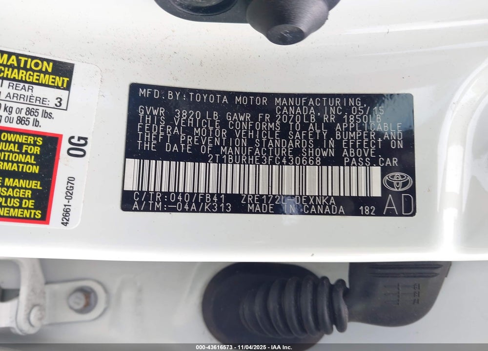 2015 TOYOTA COROLLA LE VIN: 2T1BURHE3FC430668
