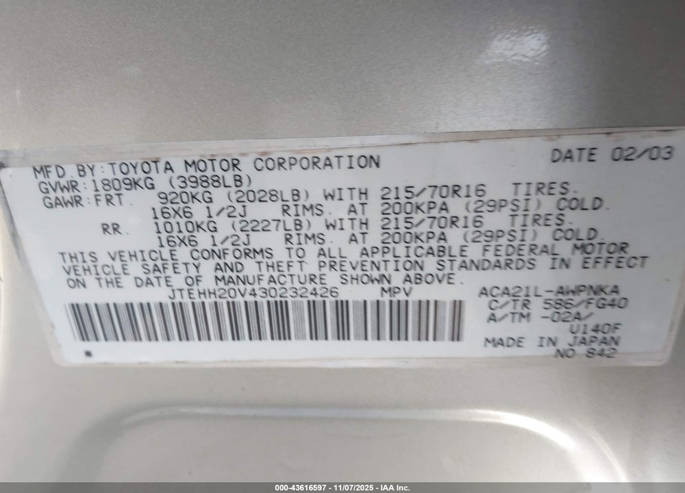 2003 TOYOTA RAV4 VIN: JTEHH20V430232426