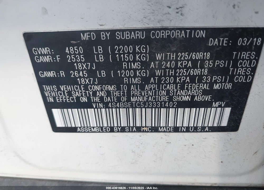 2018 SUBARU OUTBACK 3.6R TOURING VIN: 4S4BSETC5J3331402