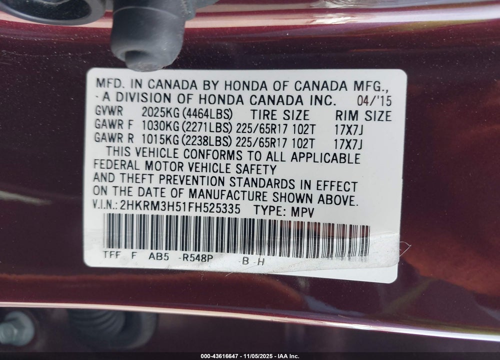 2015 HONDA CR-V VIN: 2HKRM3H51FH525335