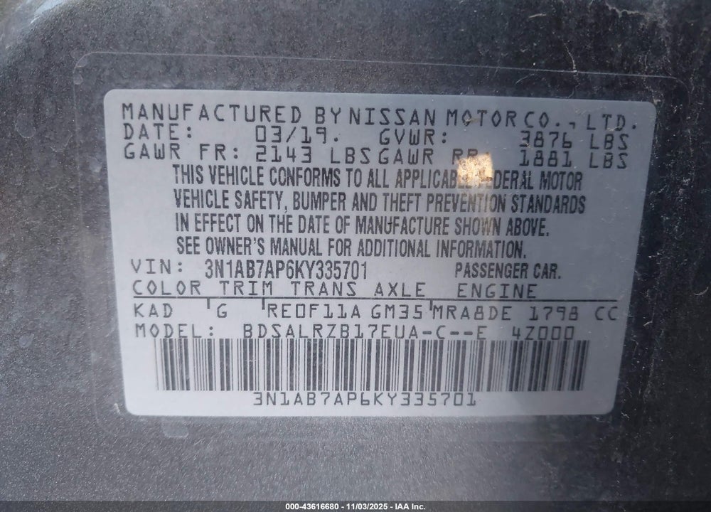 2019 NISSAN SENTRA SR VIN: 3N1AB7AP6KY335701