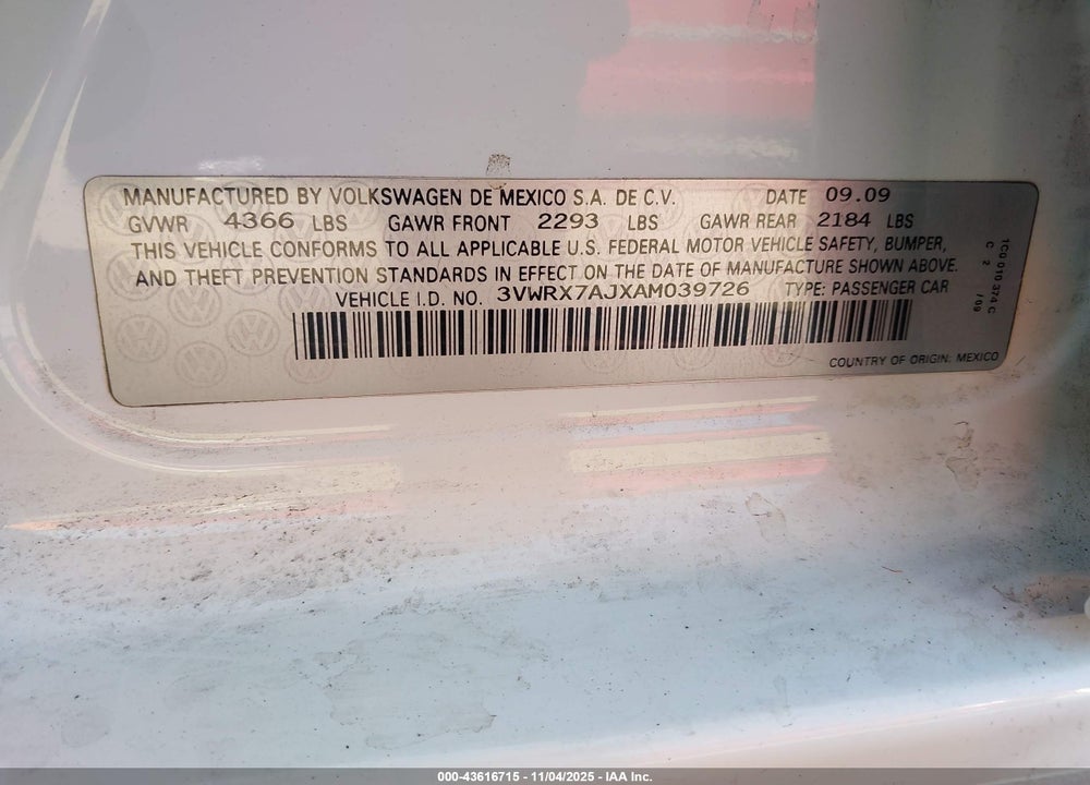 2010 VOLKSWAGEN JETTA SE VIN: 3VWRX7AJXAM039726