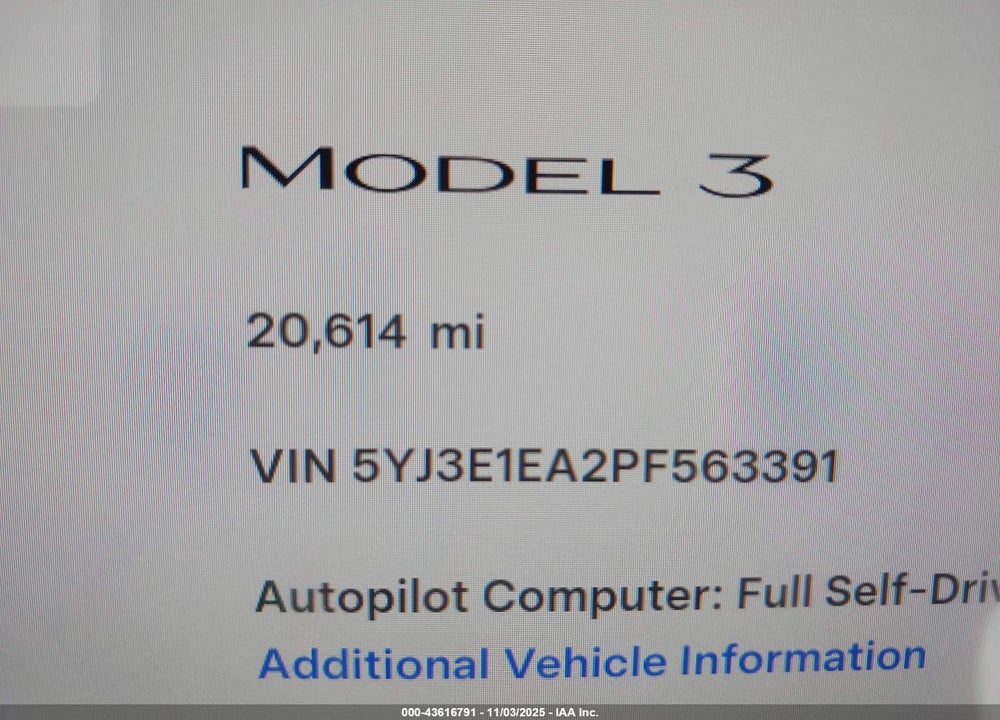 2023 TESLA MODEL 3 REAR-WHEEL DRIVE VIN: 5YJ3E1EA2PF563391