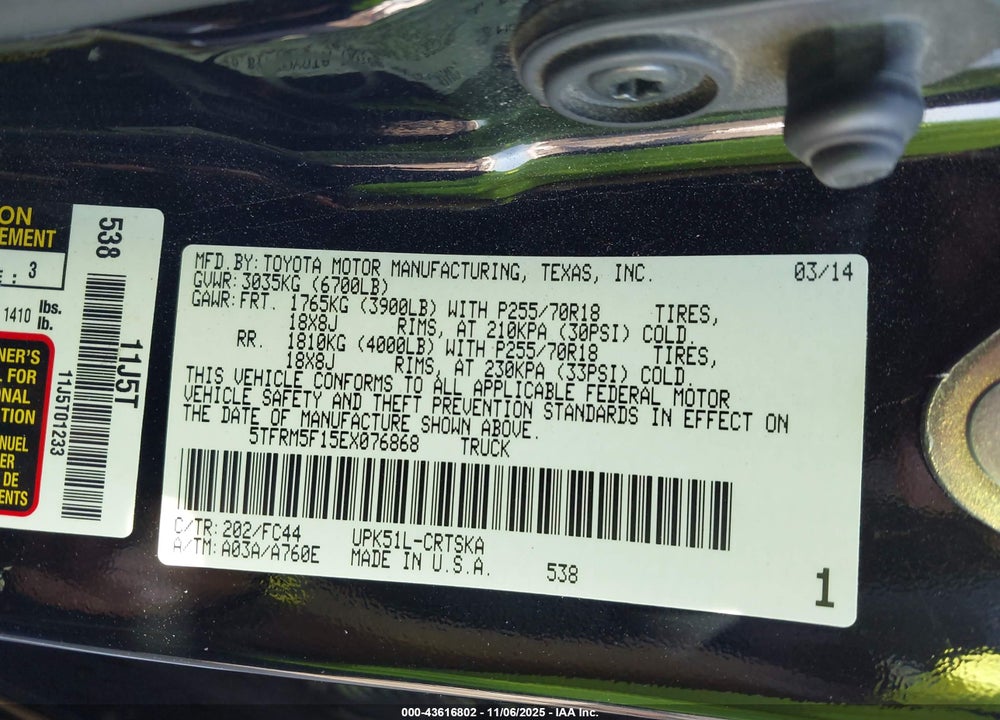 2014 TOYOTA TUNDRA SR5 4.6L V8 VIN: 5TFRM5F15EX076868