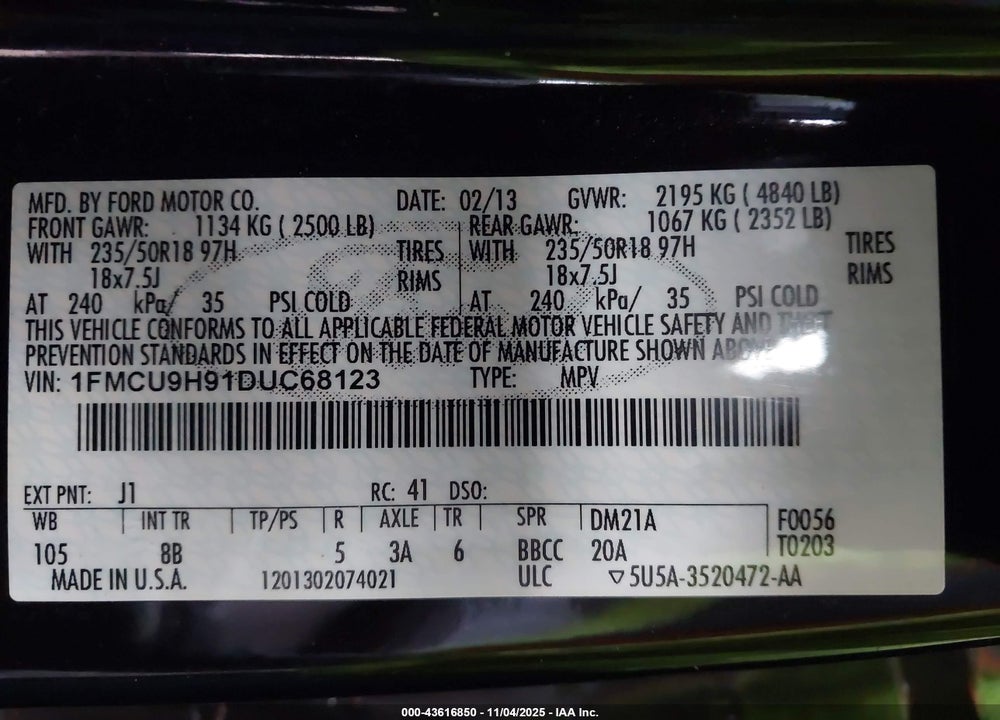 2013 FORD ESCAPE SEL VIN: 1FMCU9H91DUC68123