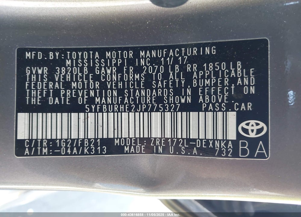 2018 TOYOTA COROLLA LE VIN: 5YFBURHE2JP775327
