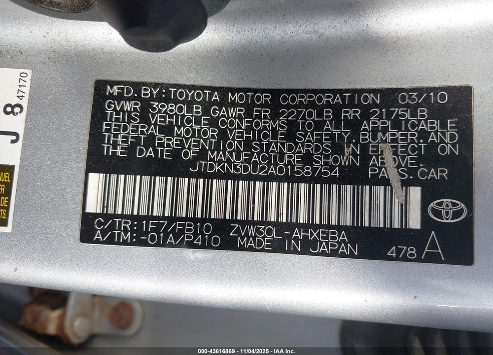 2010 TOYOTA PRIUS VIN: JTDKN3DU2A0158754
