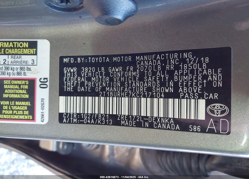 2019 TOYOTA COROLLA LE VIN: 2T1BURHE7KC217104