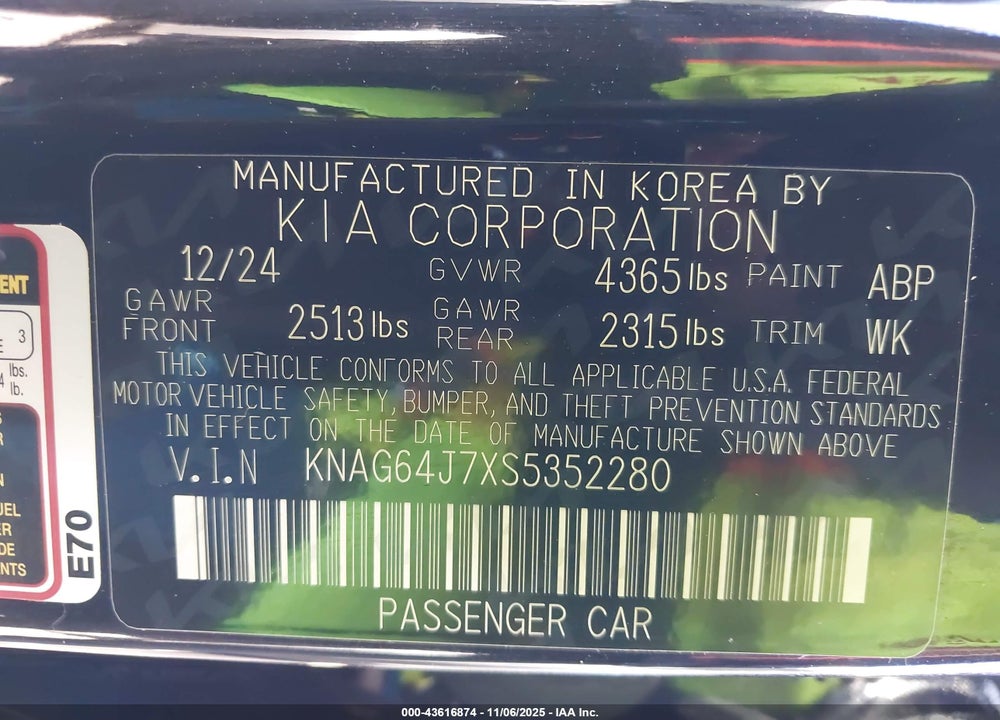 2025 KIA K5 GT LINE VIN: KNAG64J7XS5352280