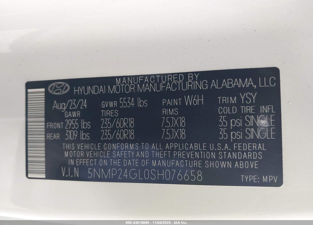 2025 HYUNDAI SANTA FE SEL VIN: 5NMP24GL0SH076658