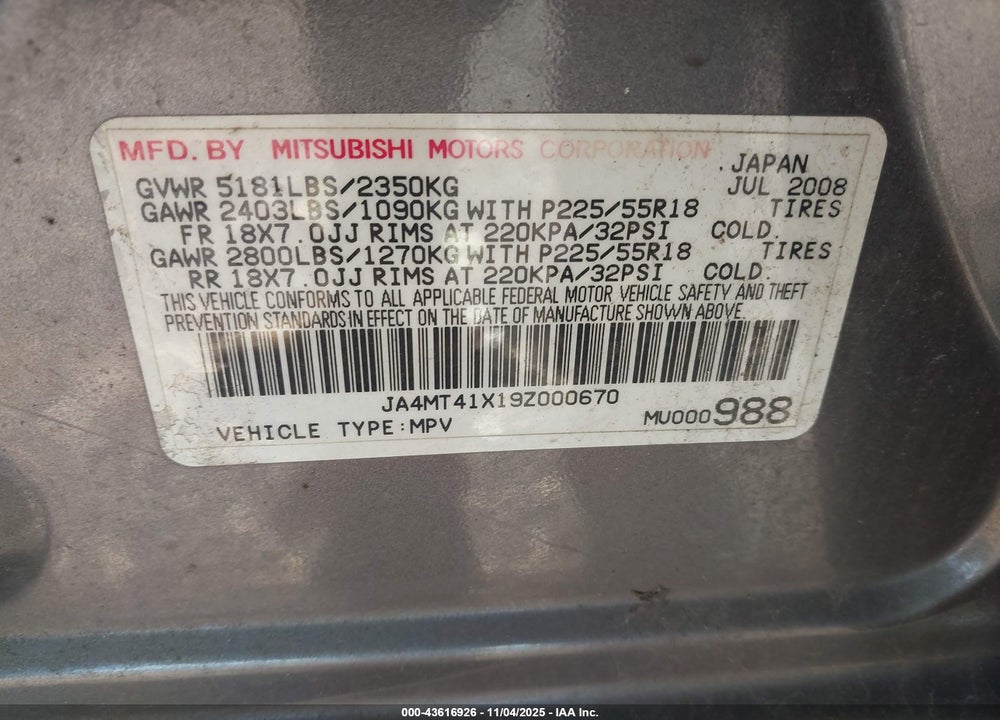 2009 MITSUBISHI OUTLANDER VIN: JA4MT41X19Z000670
