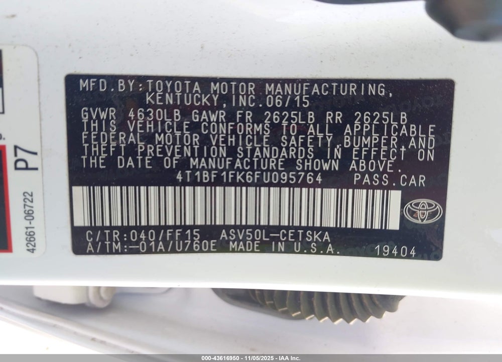 2015 TOYOTA CAMRY SE VIN: 4T1BF1FK6FU095764