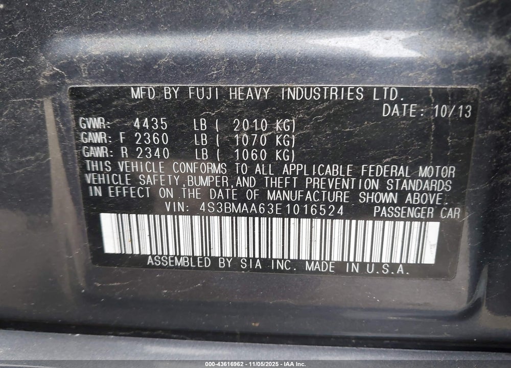 2014 SUBARU LEGACY VIN: 4S3BMAA63E1016524