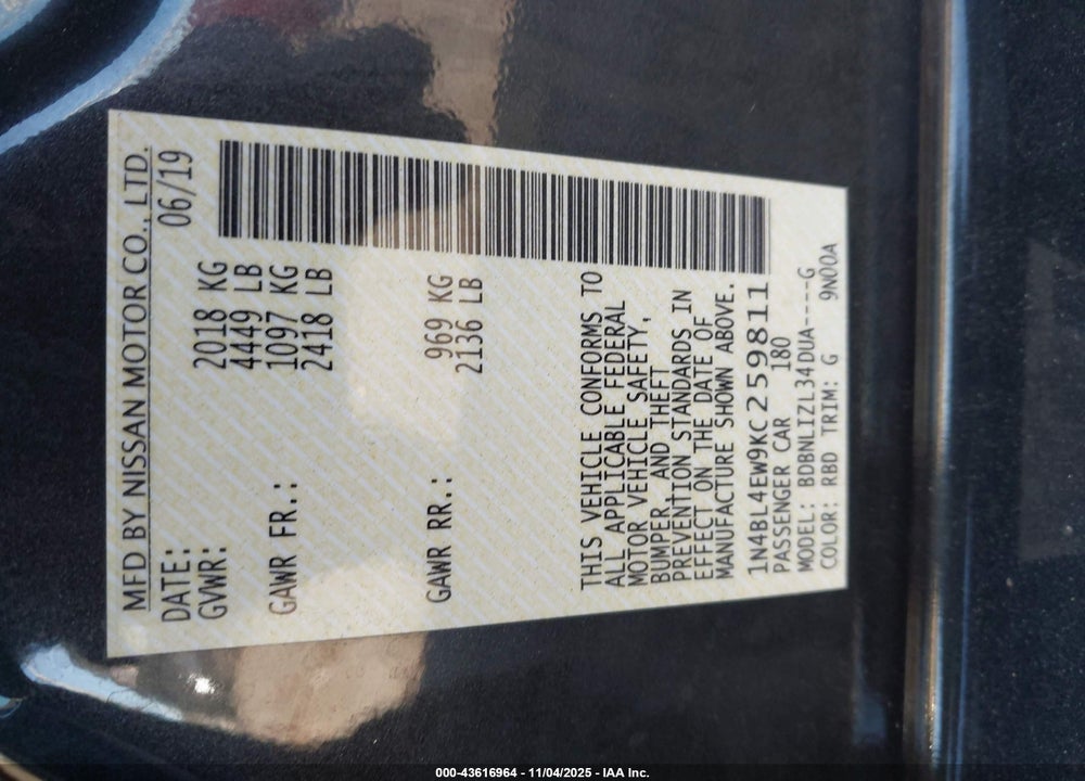 2019 NISSAN ALTIMA 2.5 SL VIN: 1N4BL4EW9KC259811