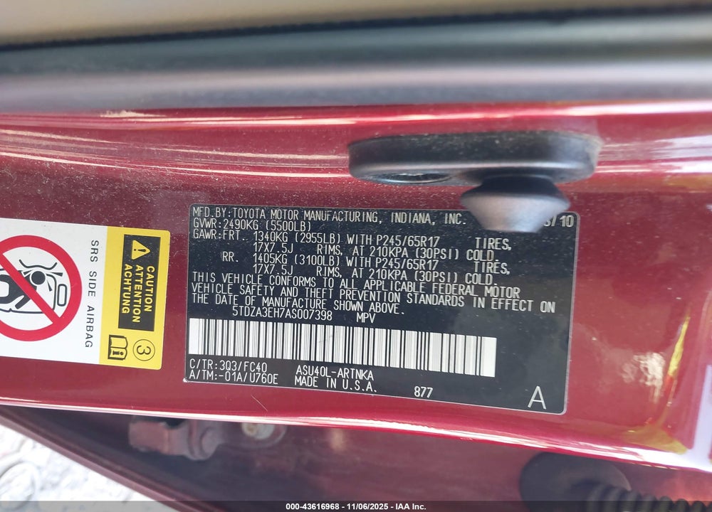 2010 TOYOTA HIGHLANDER VIN: 5TDZA3EH7AS007398