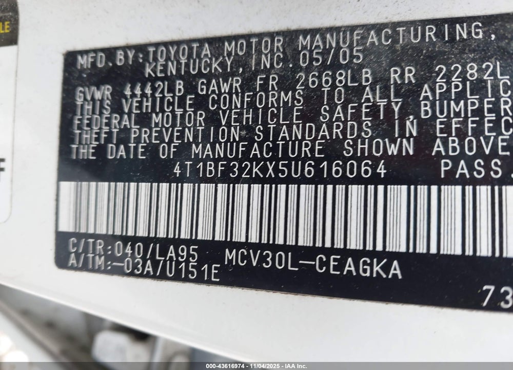 2005 TOYOTA CAMRY XLE V6 VIN: 4T1BF32KX5U616064