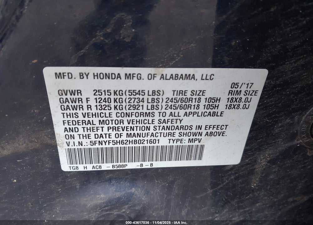 2017 HONDA PILOT EX-L VIN: 5FNYF5H62HB021601