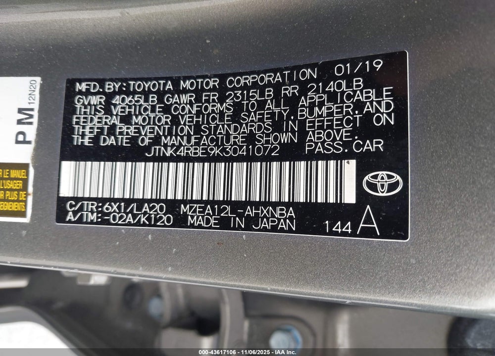 2019 TOYOTA COROLLA VIN: JTNK4RBE9K3041072